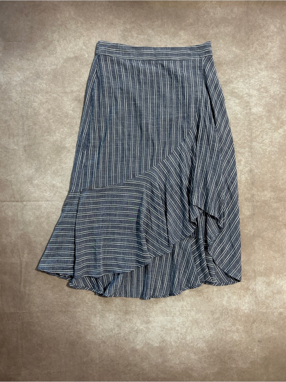 Lulus Blue White Chambray Asymmetrical Striped Midi Skirt Large